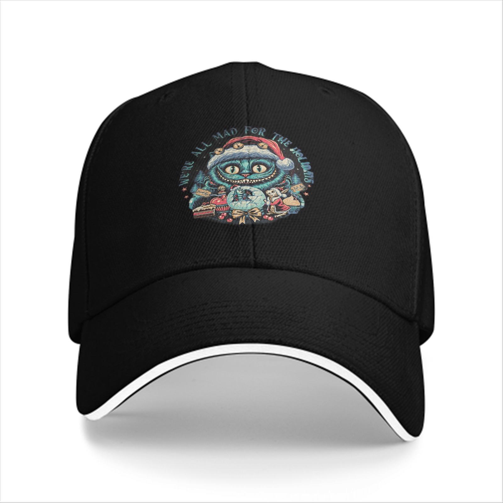 Black Baseball Cap With Cheshire Cat Holiday Christmas Print