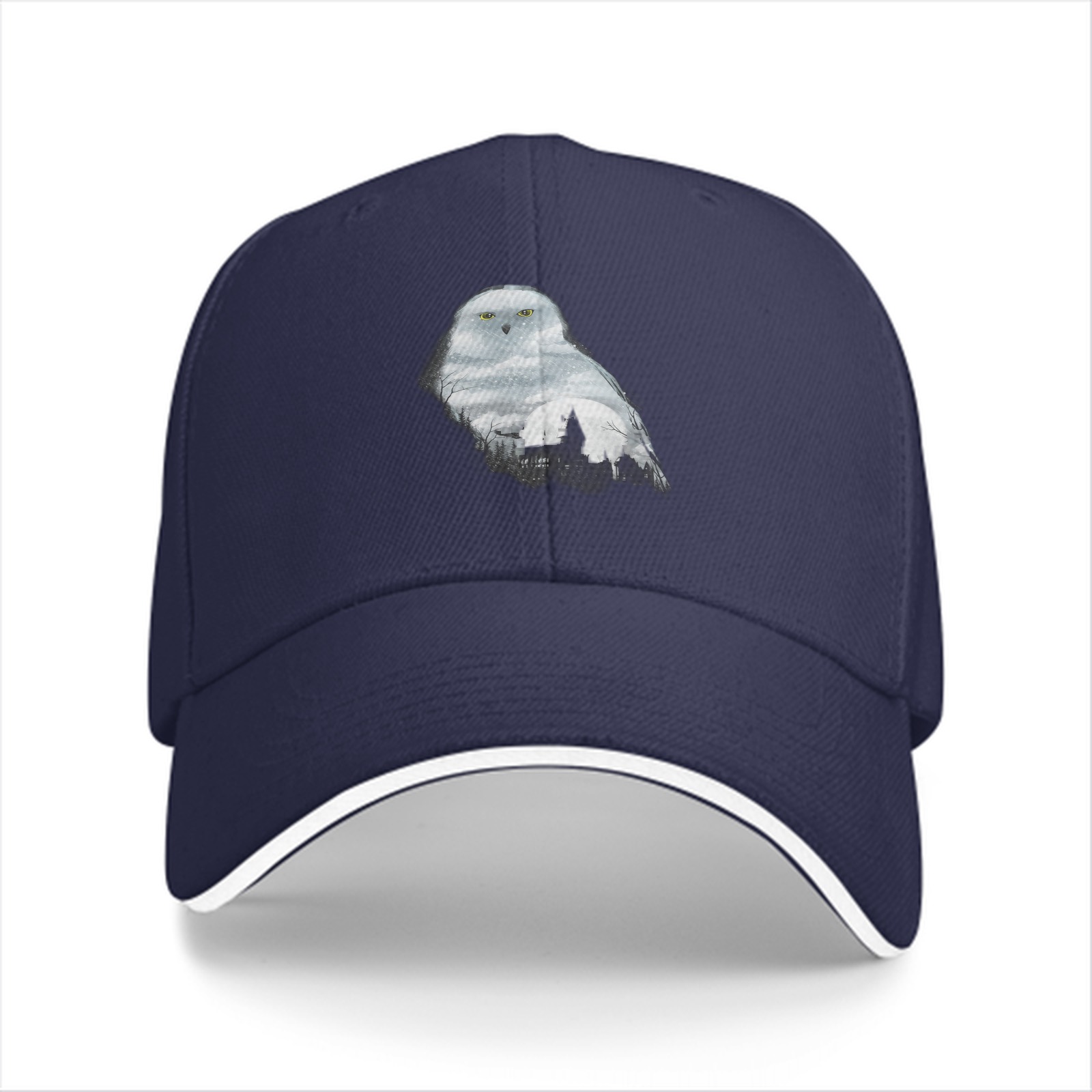 Black baseball cap with snowy owl and castle graphic