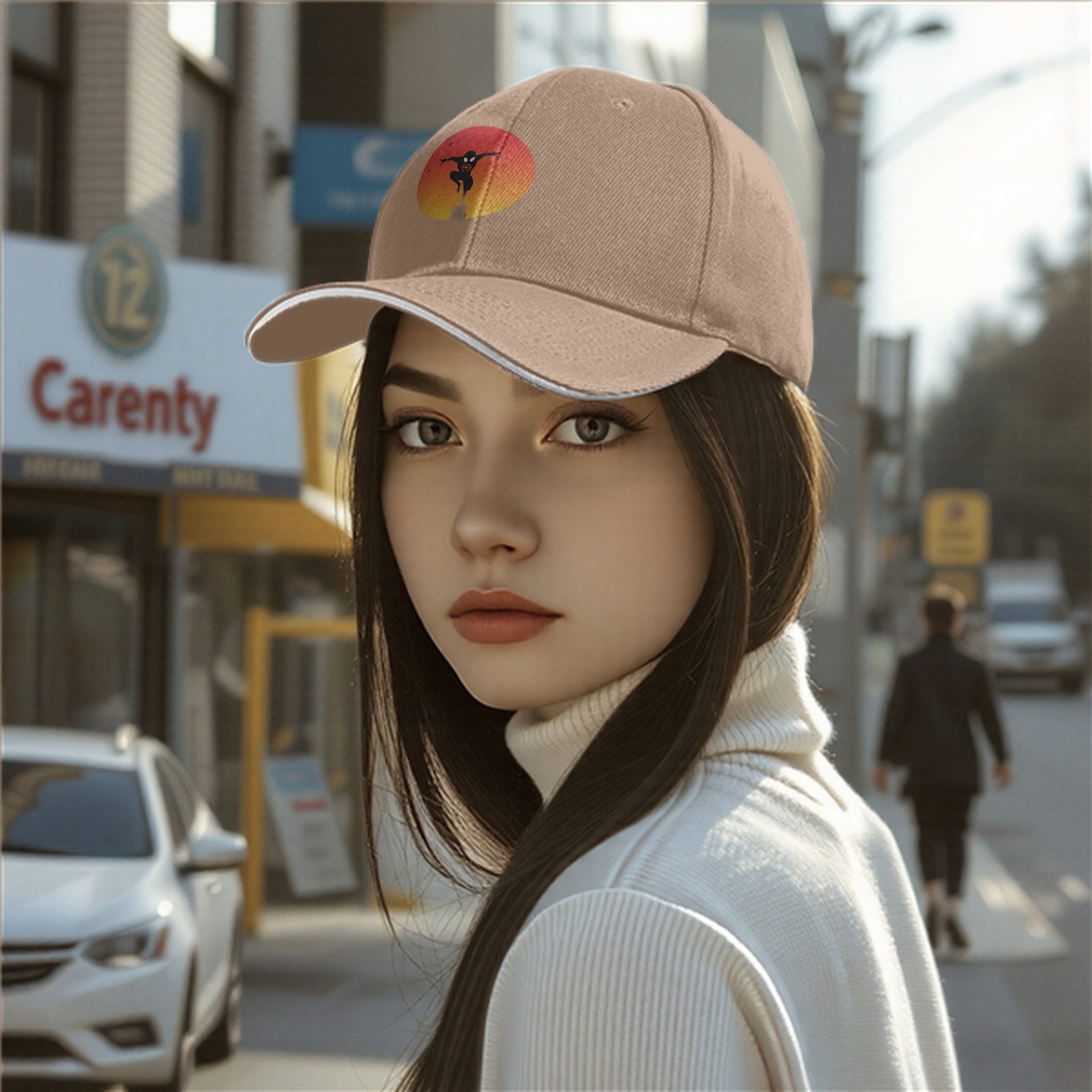 Black Baseball Cap With Ninja Silhouette Sunset Graphic