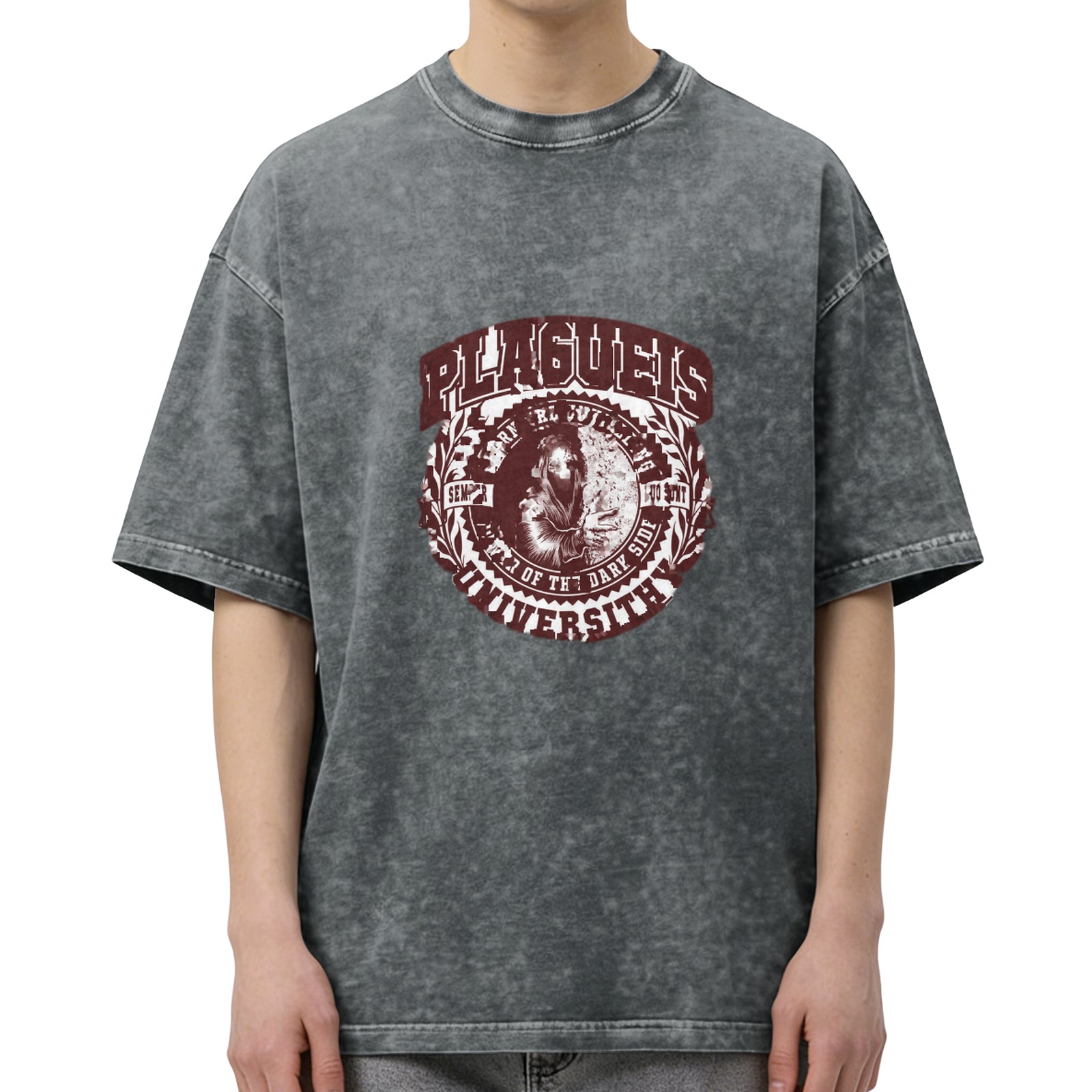 Washed black graphic t-shirt with plague doctor university emblem design
