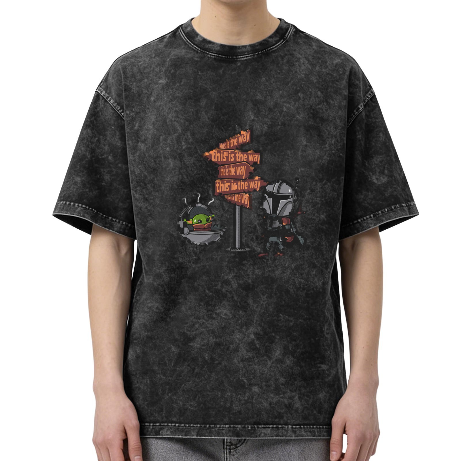 Distressed black Mandalorian themed printed short-sleeved T-shirt