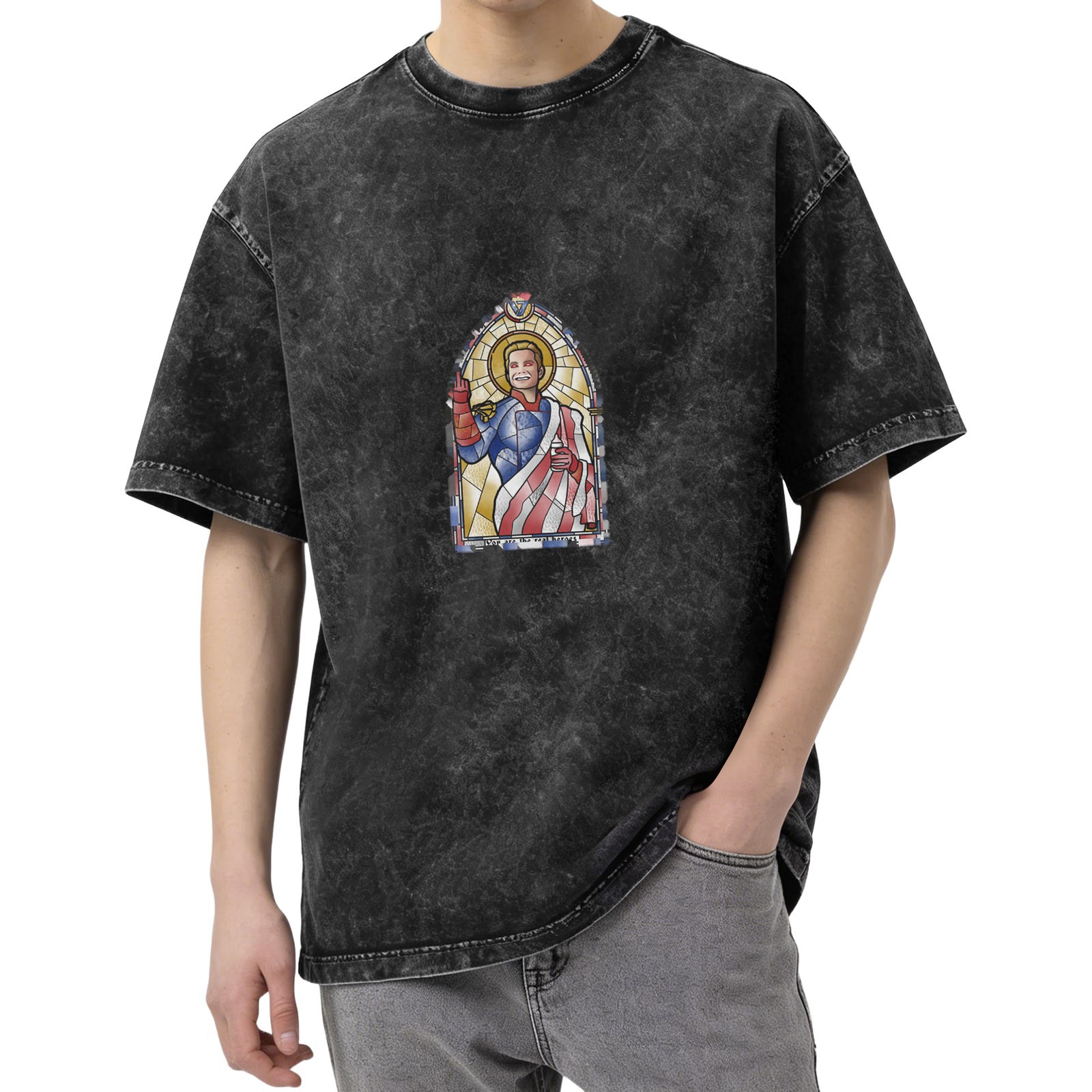 Washed black t-shirt with stained glass style superhero print