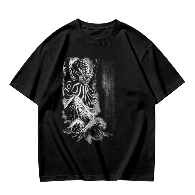 Olive T-shirt with Cthulhu and Wave Gothic Art Print
