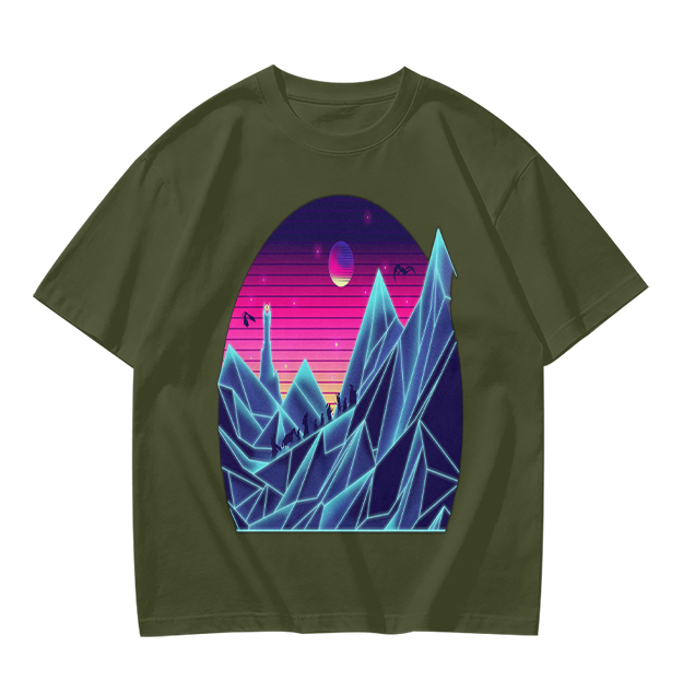 Olive T-Shirt With Synthwave Crystal Mountain Sunset Art