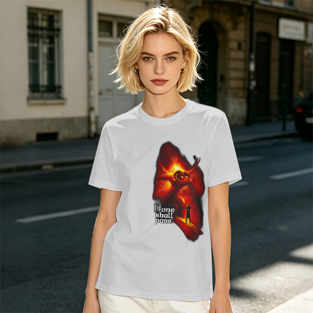 Olive T-Shirt with 'None Shall Pass' Fire Demon Graphic