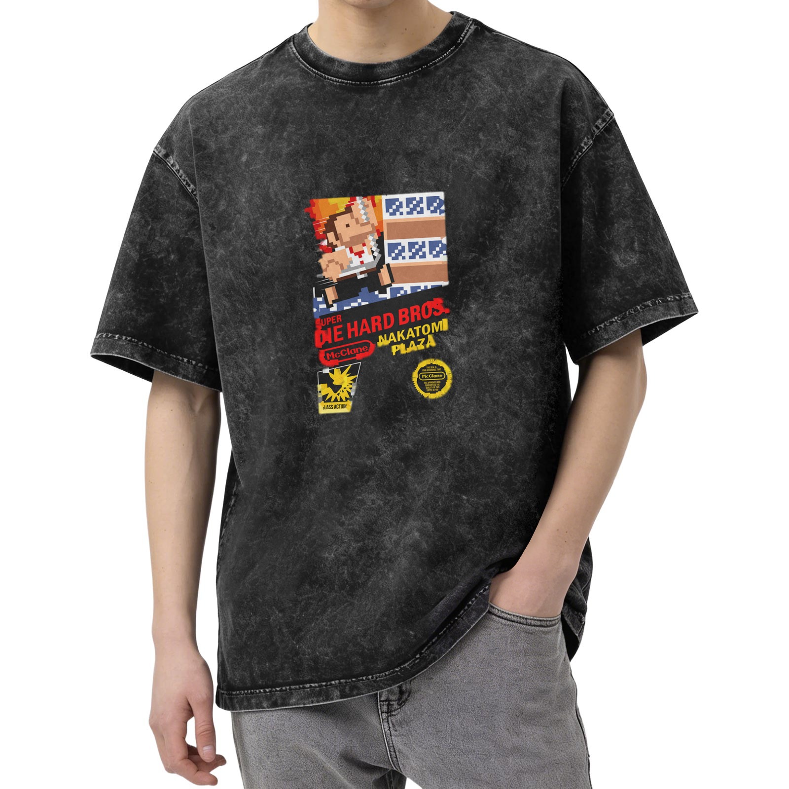 Super Die Hard Bros Nakatomi Plaza Pixel Art Acid Wash T-Shirt