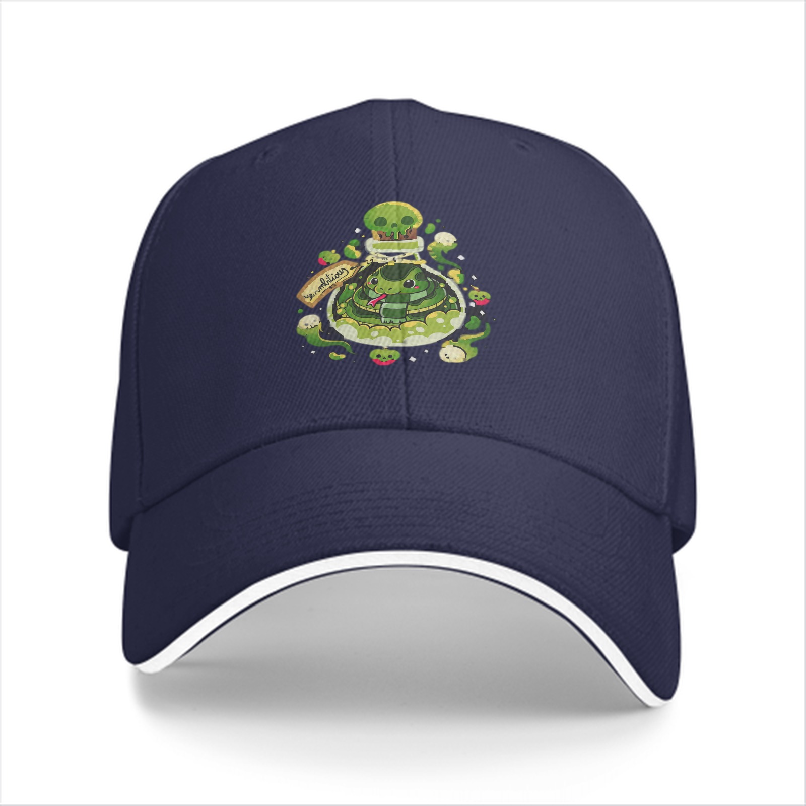 Black baseball cap with green snake potion bottle graphic