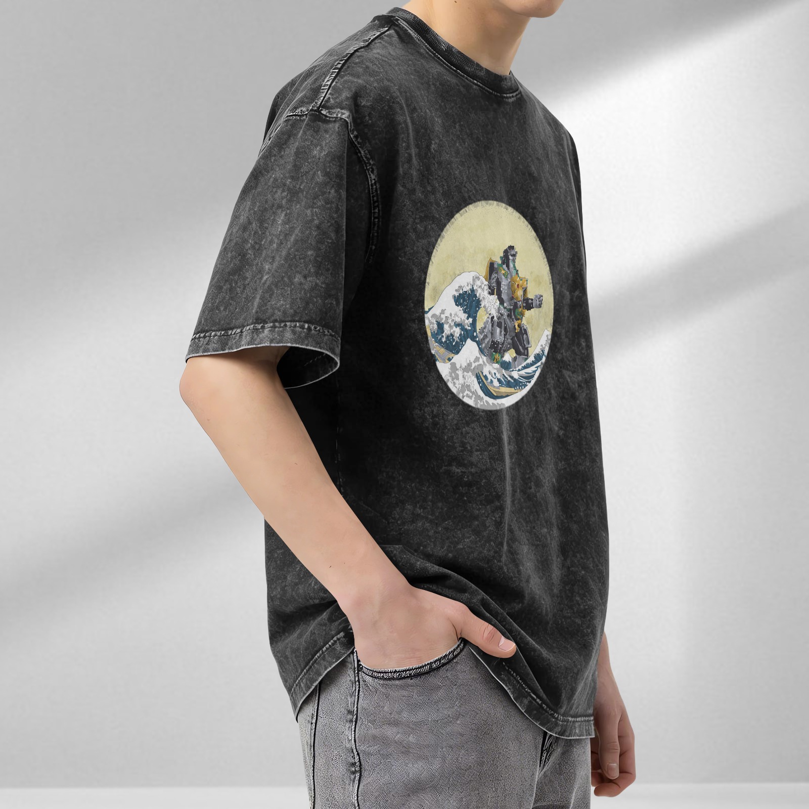 Oversized Acid Wash T-Shirt with Great Wave of Kanagawa x Mecha Robot Graphic Print