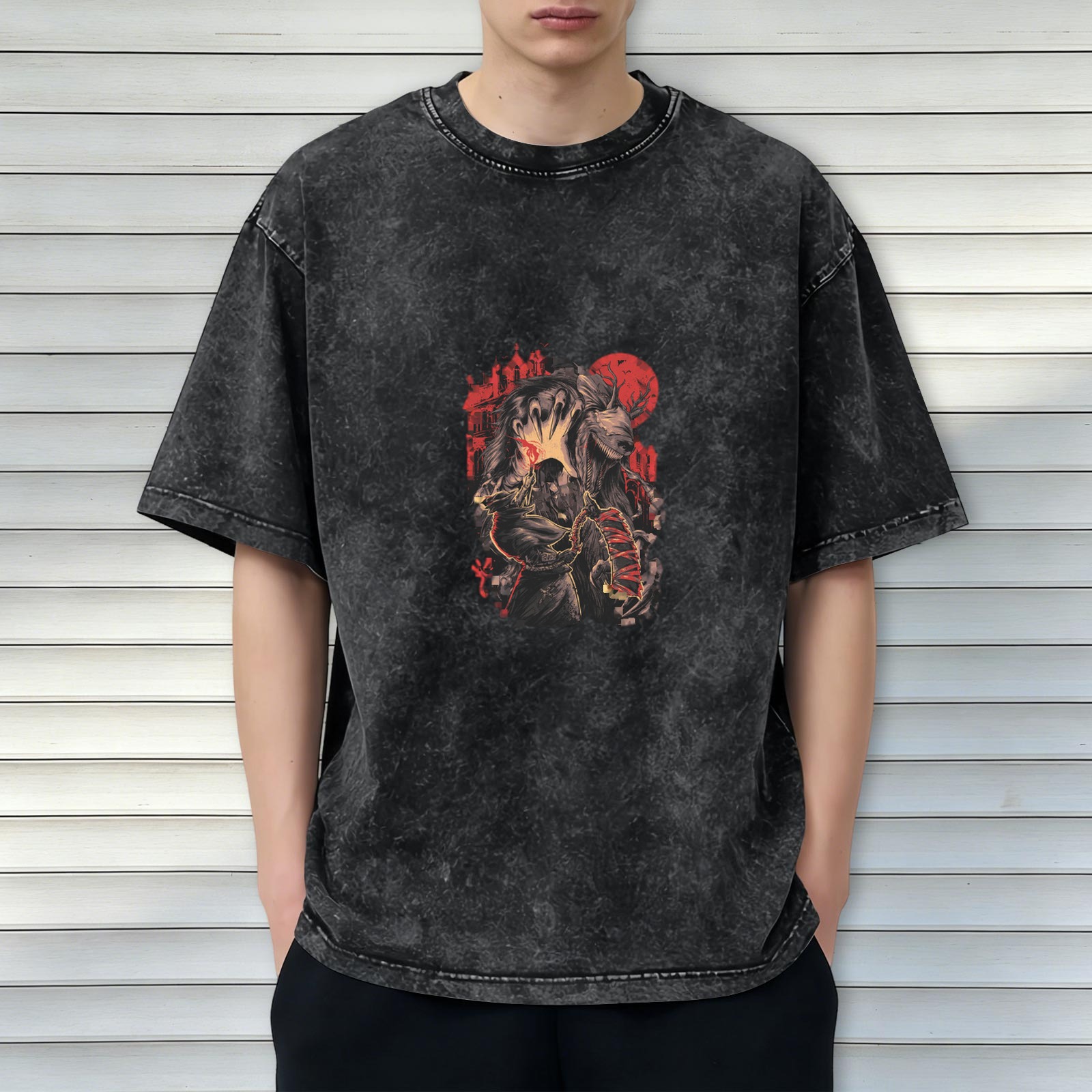 Washed Black Graphic T-Shirt With Dark Fantasy Monster And Red Moon Print