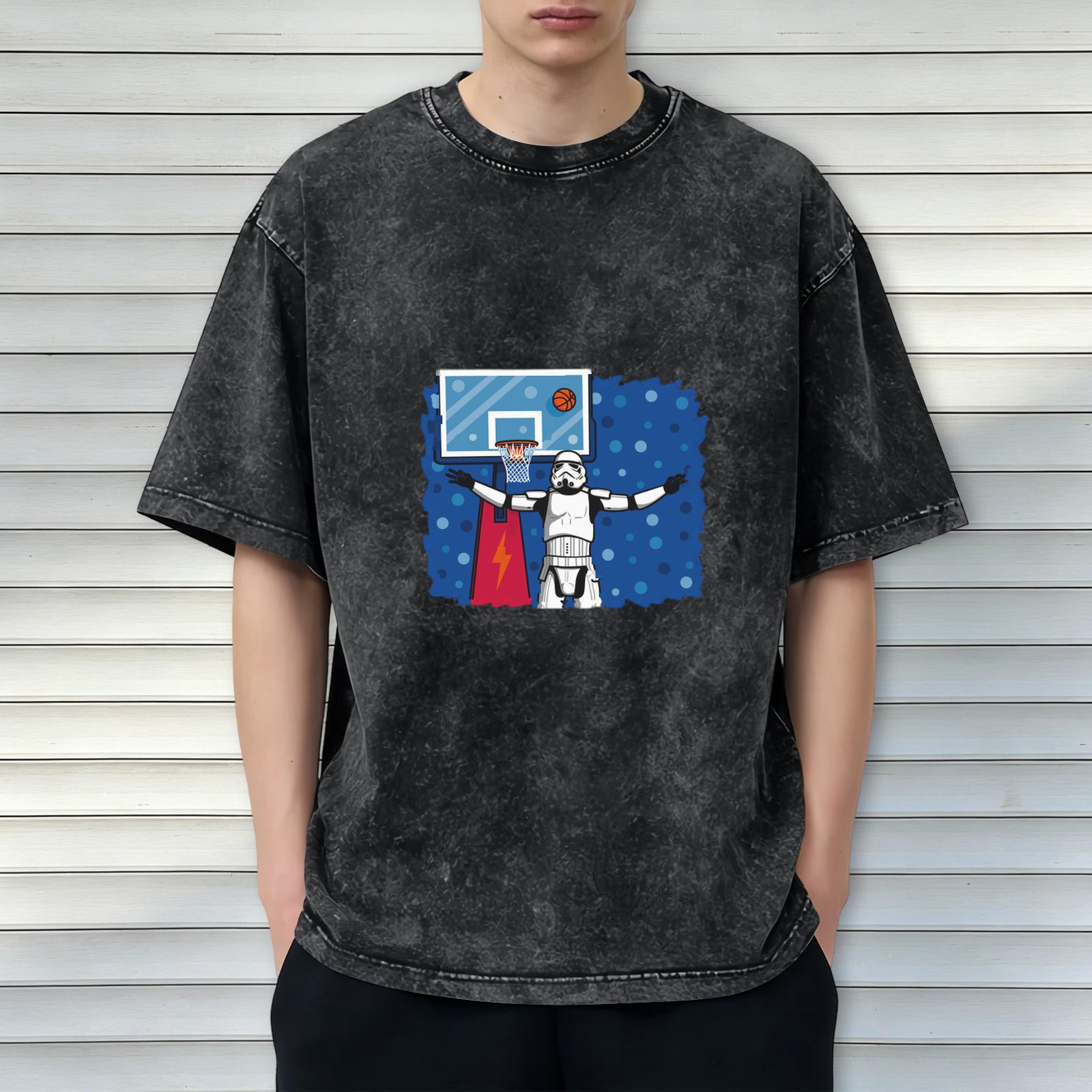 Washed Black T-Shirt with Stormtrooper Basketball Graphic Design