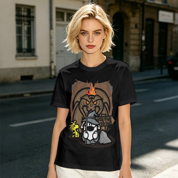 Olive t-shirt with wizard dog and dragon cave graphic