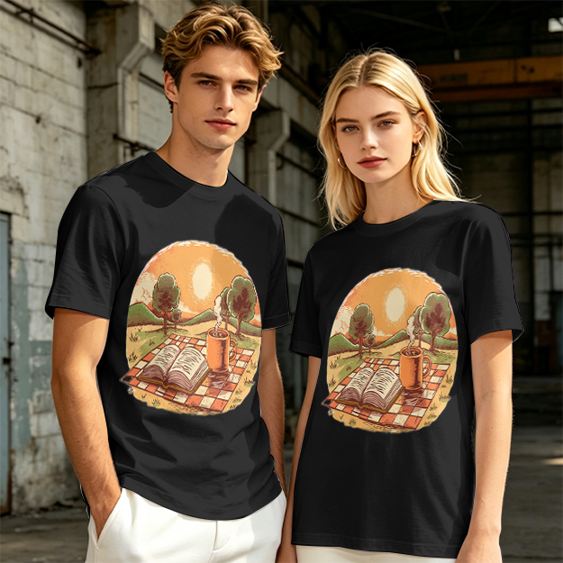 Olive T-Shirt with Sunset Picnic Book and Coffee Art