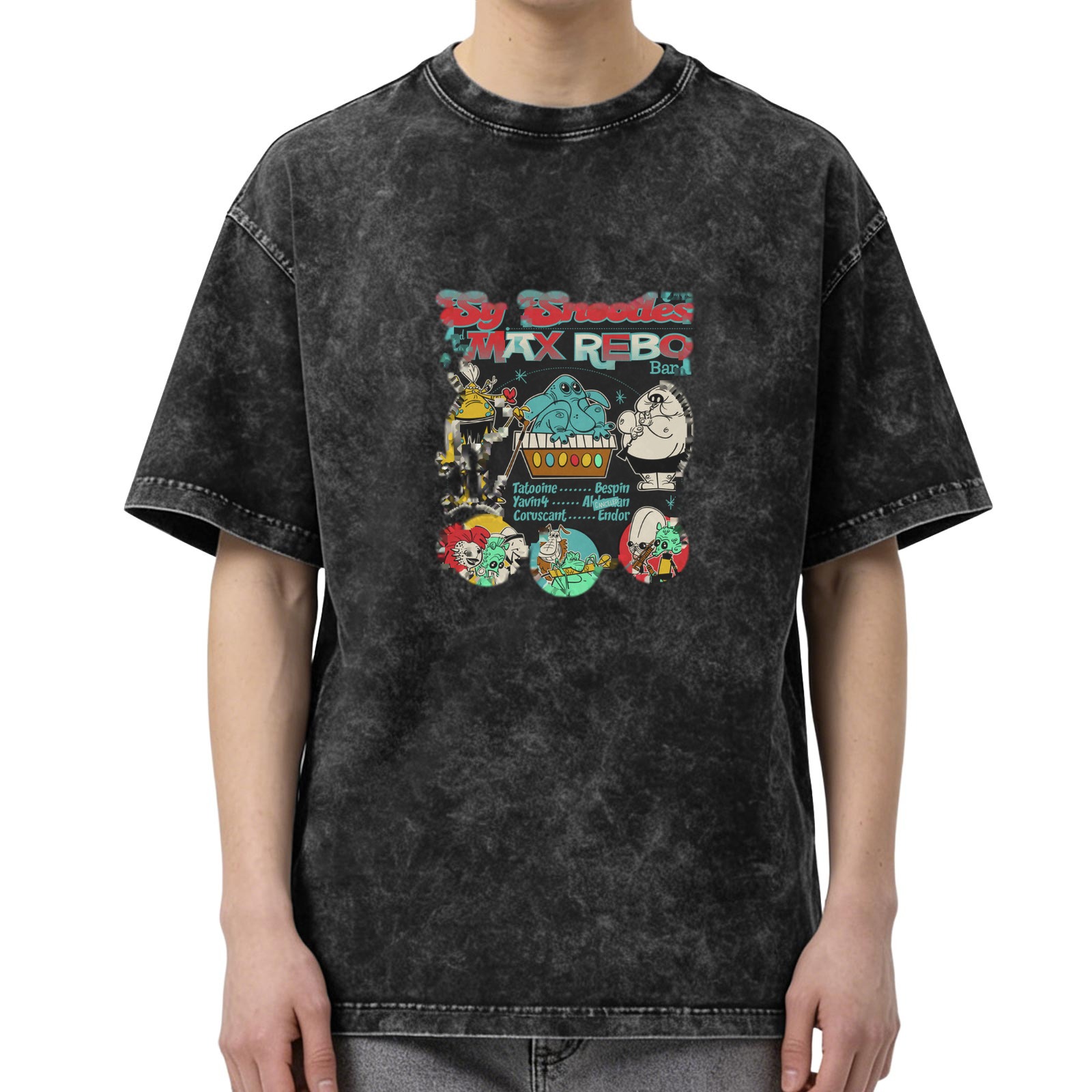 Retro washed black short-sleeved T-shirt Star Wars themed Max Rebo band printed distressed top
