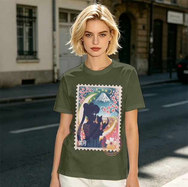 Olive T-shirt with Japanese stamp-style anime graphic print