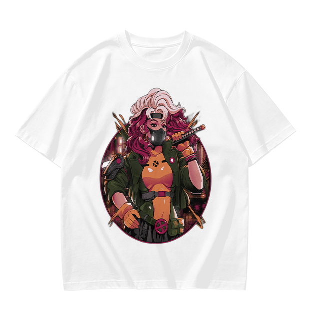 Olive T-Shirt with Anime Cyberpunk Female Warrior Print