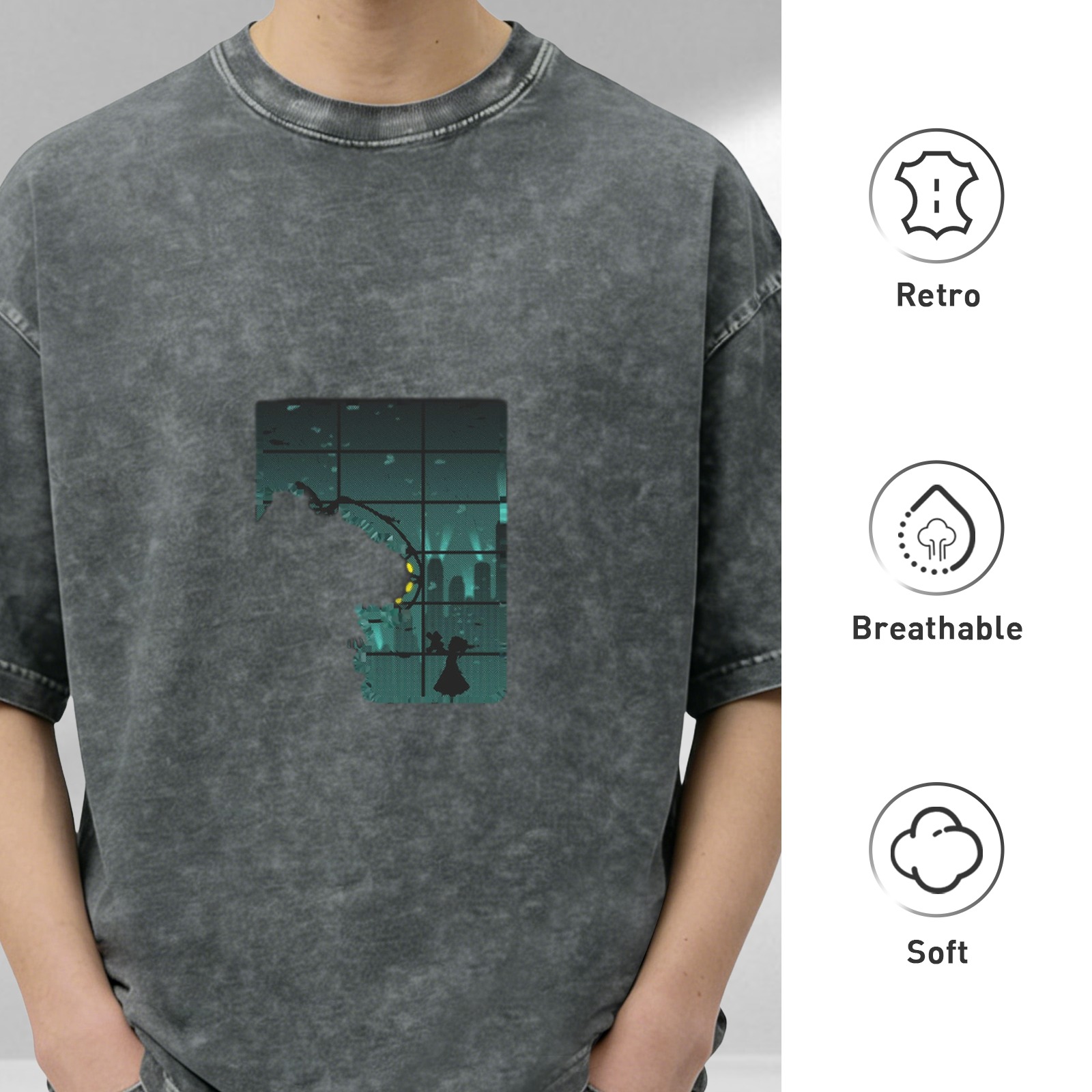 Washed Black Graphic T-Shirt With Window Monster Silhouette Print