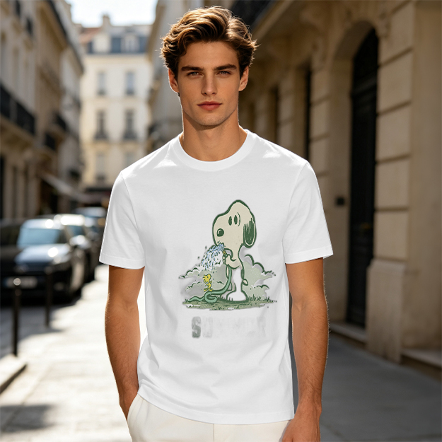 Olive T-shirt with Snoopy and Woodstock Watering Print