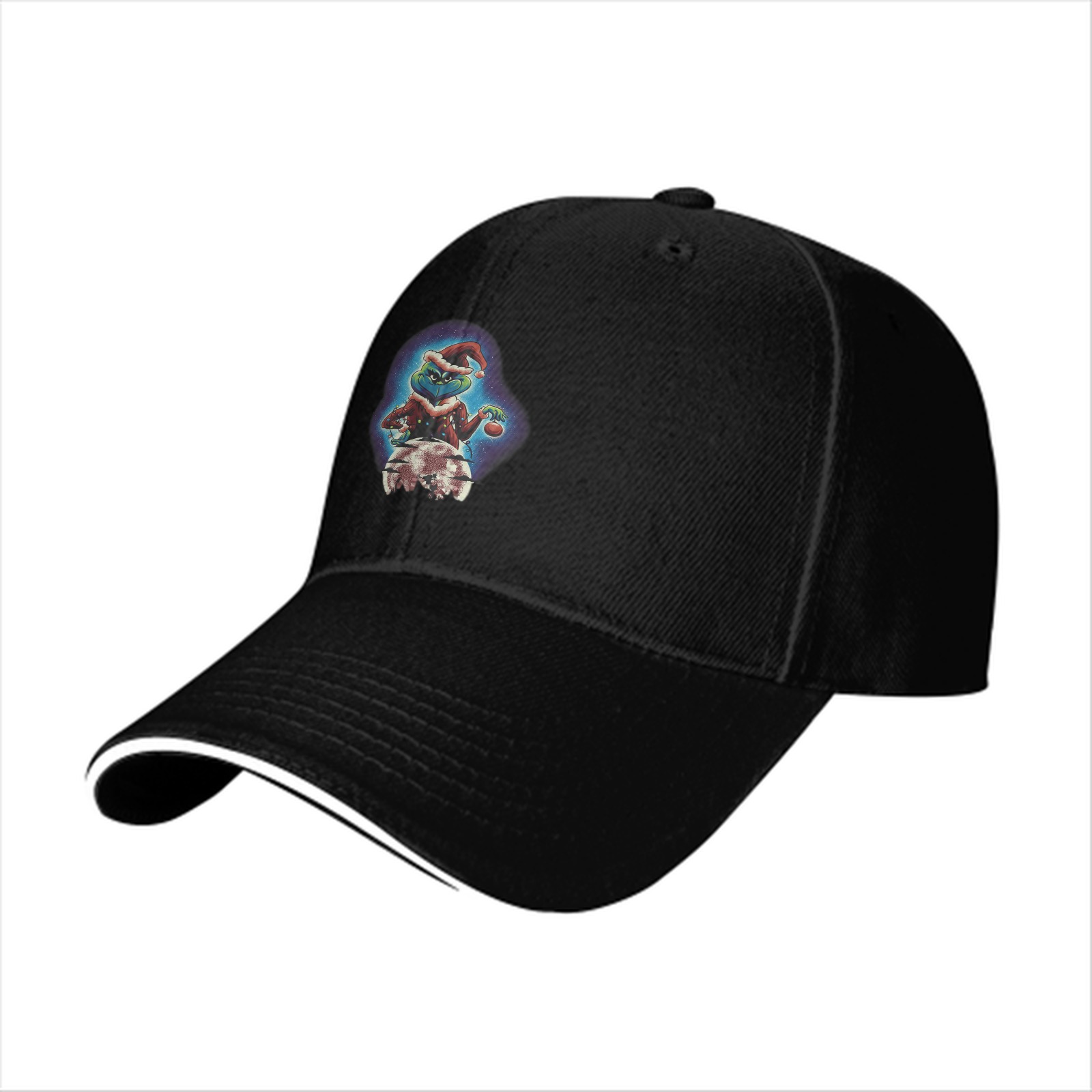 Black Baseball Cap With Grinch Christmas Character Print
