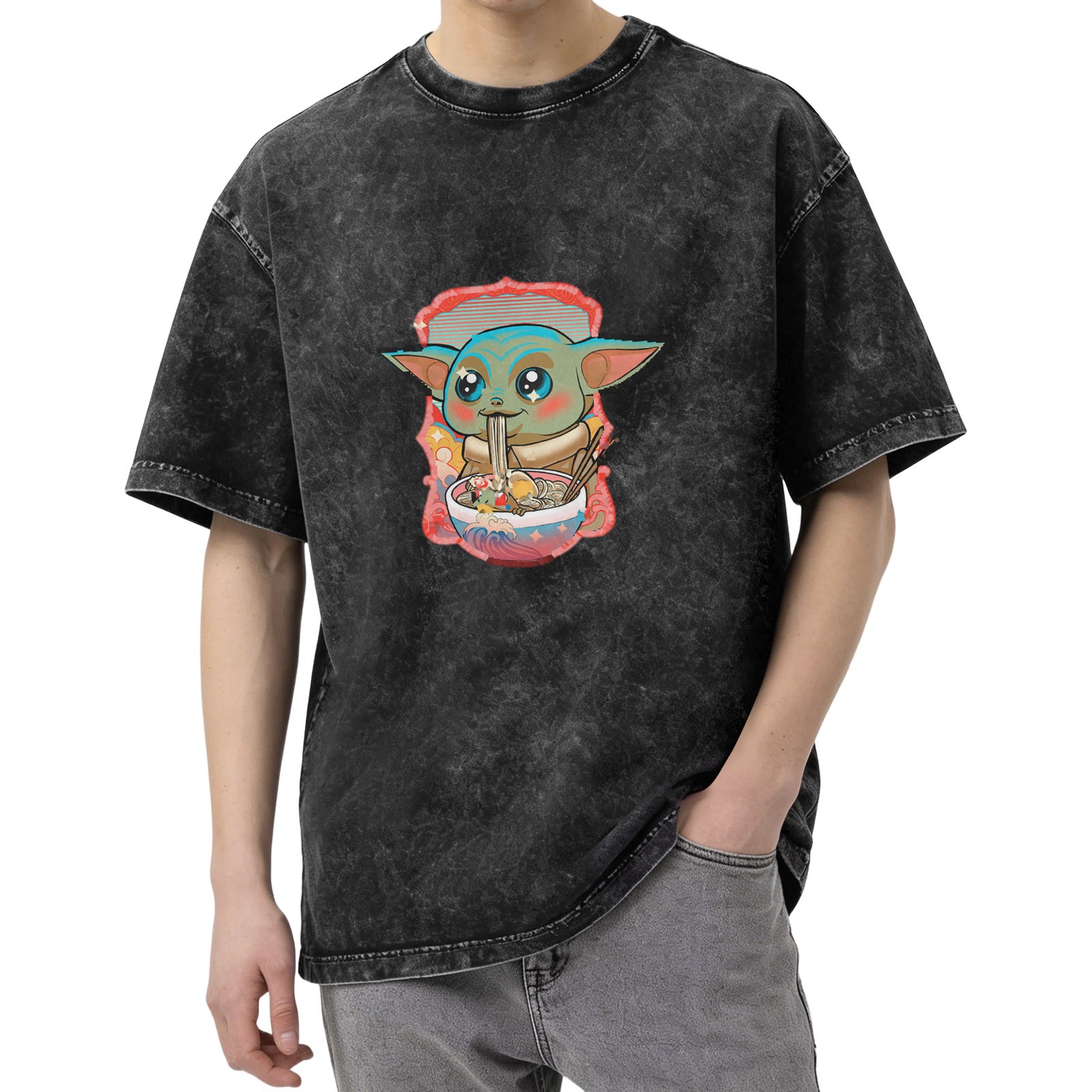 Washed black graphic t-shirt with Baby Yoda eating ramen design