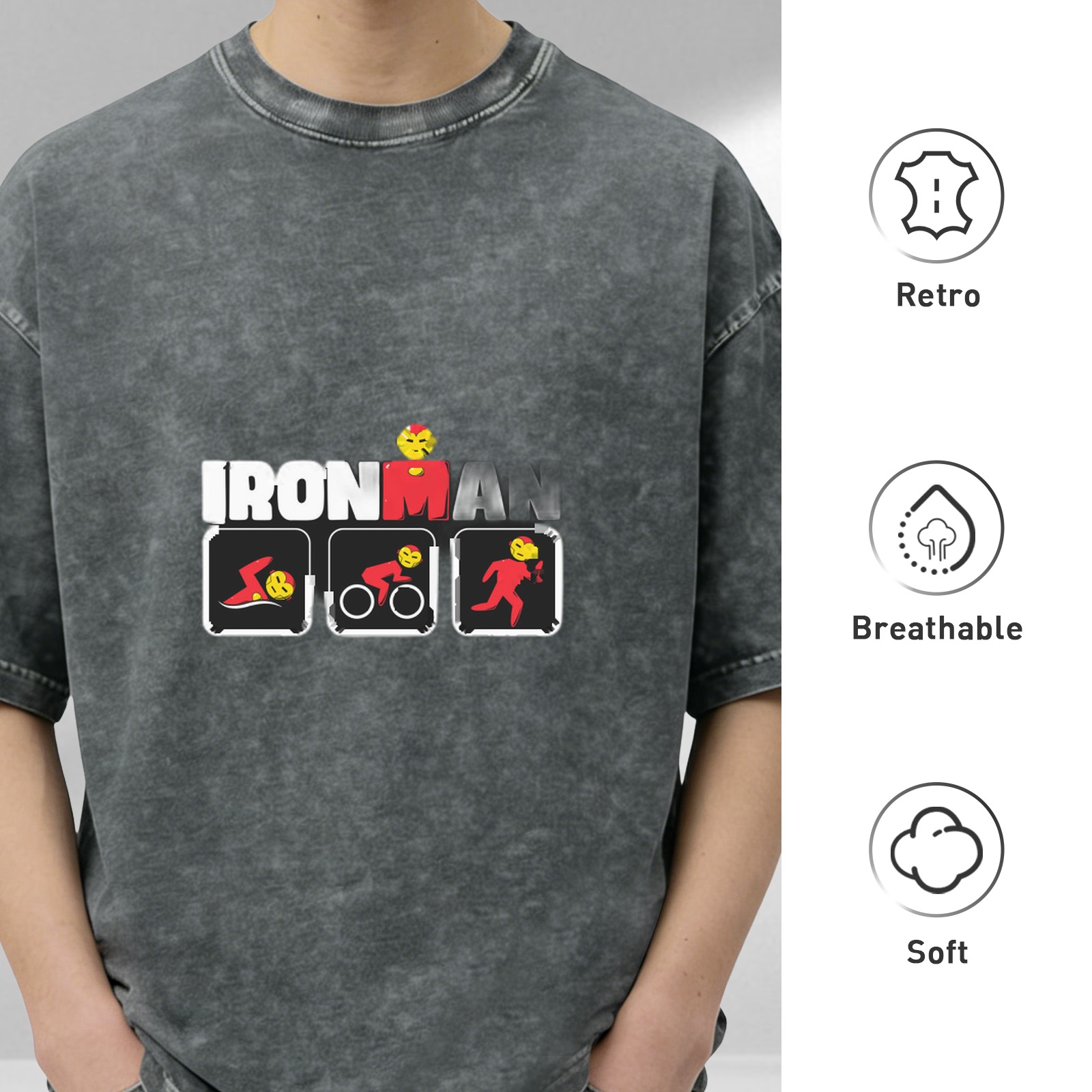 Ironman Triathlon Themed Acid Wash Cotton T-Shirt