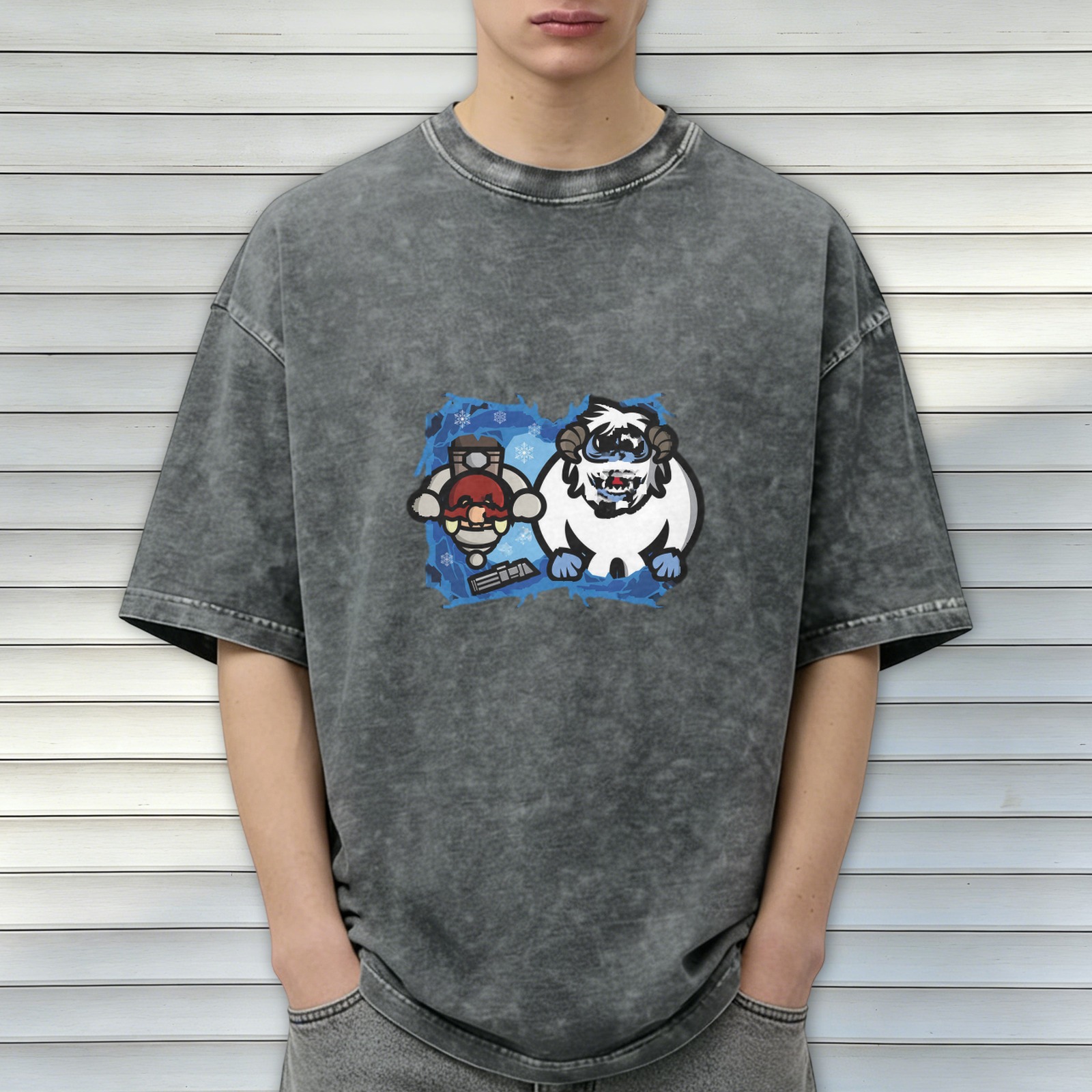 Washed Black T-Shirt with Cartoon Yeti and Winter Character Graphic