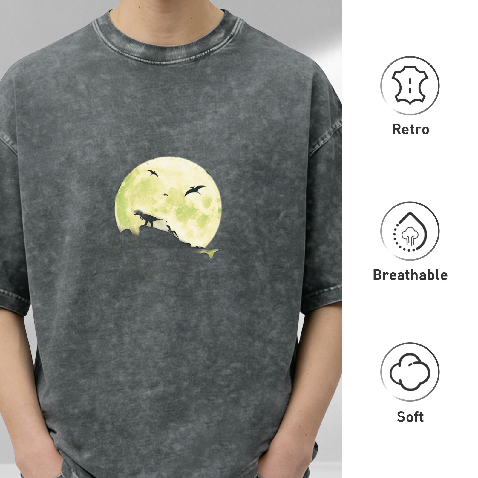 Vintage Acid Wash T-Shirt with Dinosaur Moon Silhouette Graphic