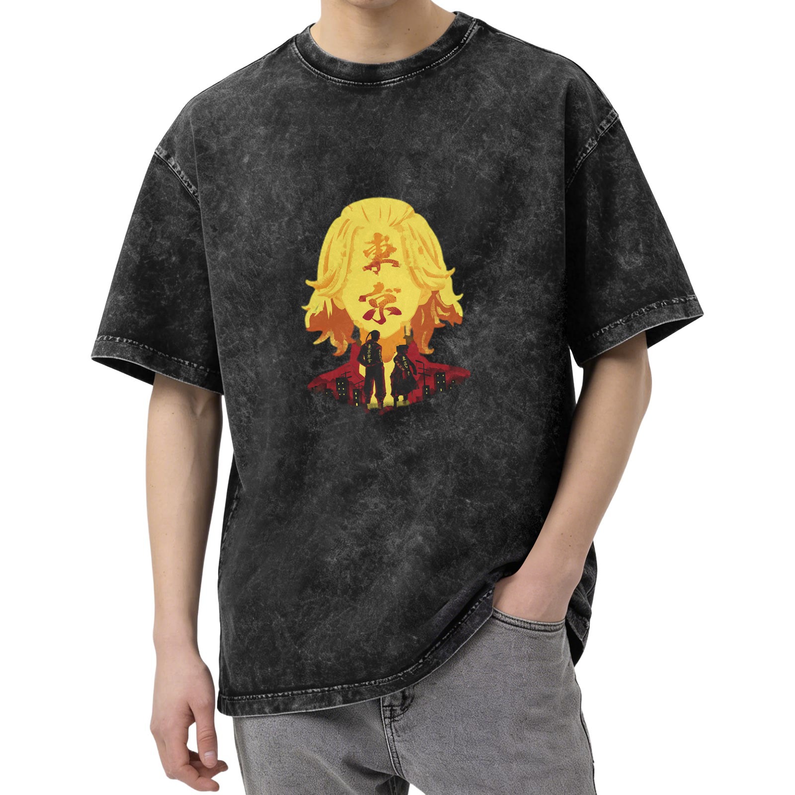 Tokyo Avengers anime theme washed distressed black loose short-sleeved T-shirt