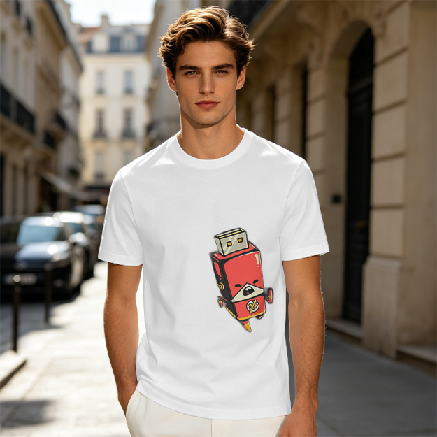 Olive T-Shirt With Cartoon USB Flash Drive Character Print