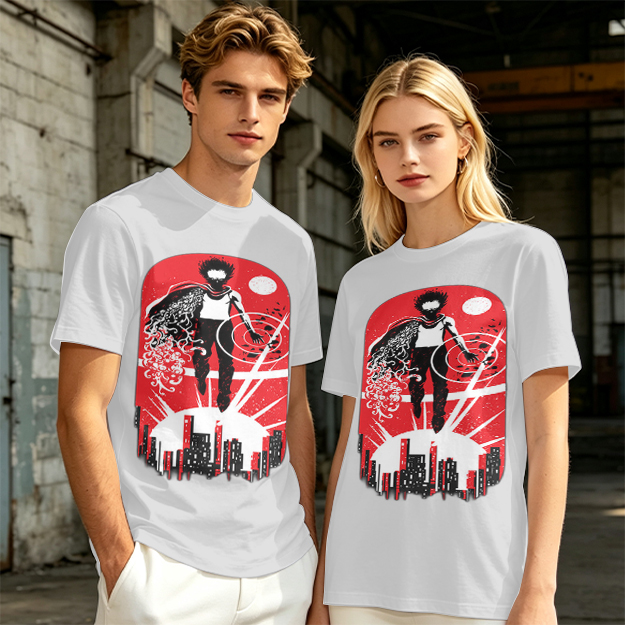Olive T-Shirt With Anime Superhero Over City Graphic