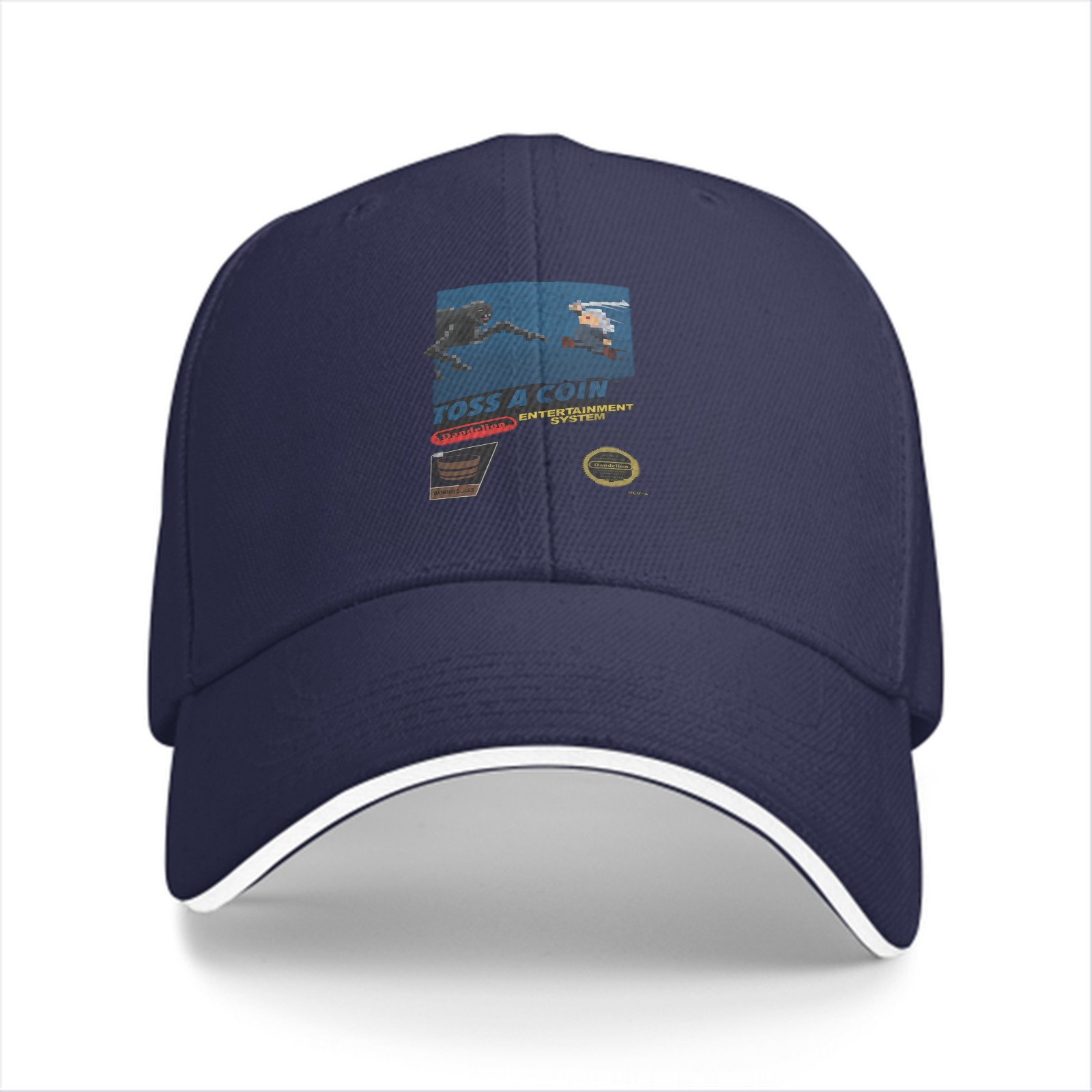 Black baseball cap with retro gaming themed graphic print