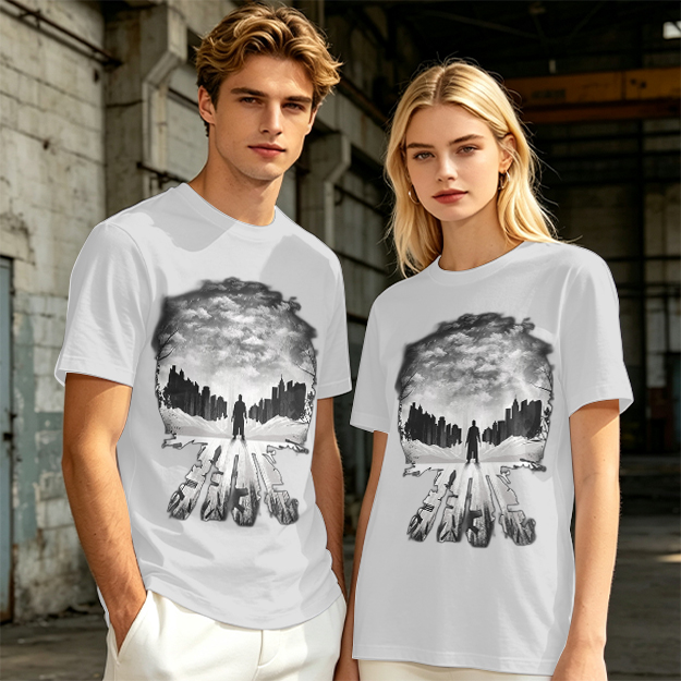 Olive Green T-Shirt With Skull Silhouette Cityscape Artwork