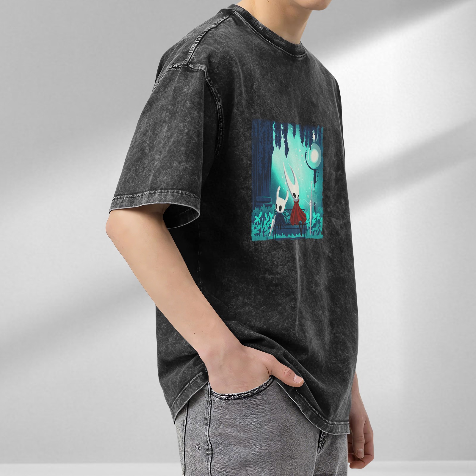 Hollow Knight Themed Dark Wash Graphic T-Shirt