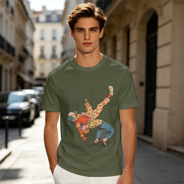 Olive T-Shirt With Clown Wrestling Graphic Print