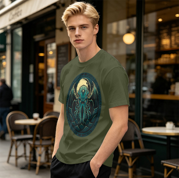 Olive Green T-Shirt with Cthulhu Monster Graphic Print