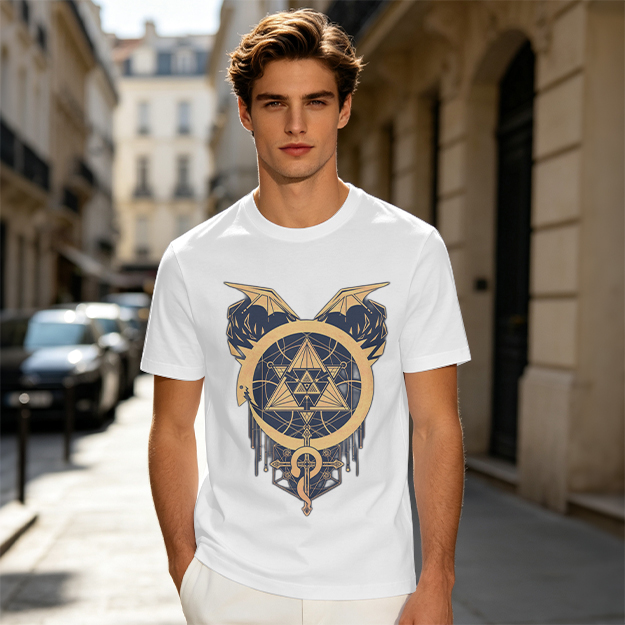 Olive T-Shirt with Occult Dragon Triangle Symbol Print