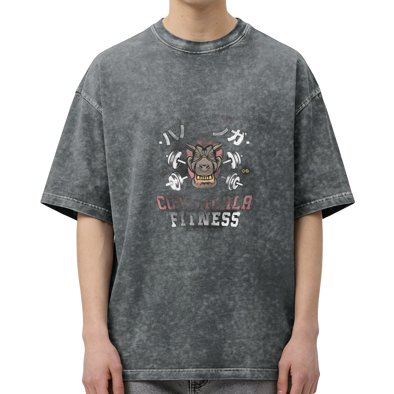 Oversized Stonewashed Gym T-Shirt with Fitness Gorilla Graphic