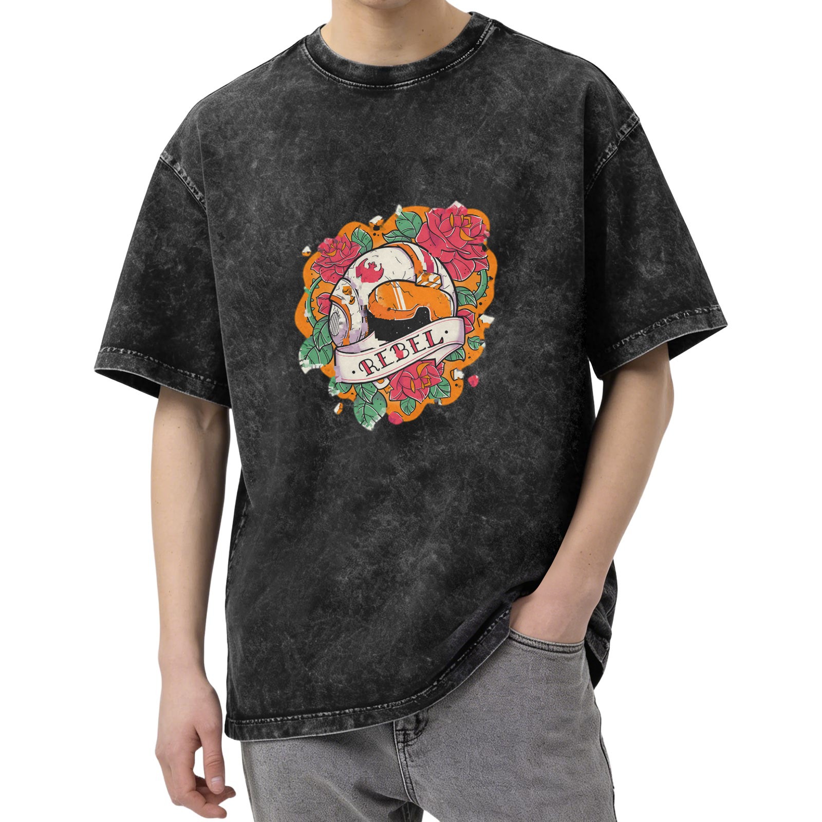 Washed Black Rebel Droid Rose Graphic T-Shirt