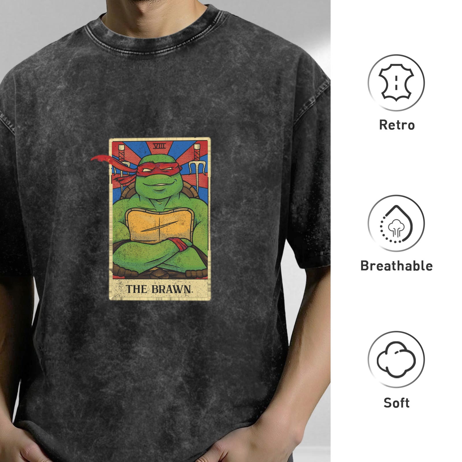 Washed black t-shirt with Teenage Mutant Ninja Turtle tarot print