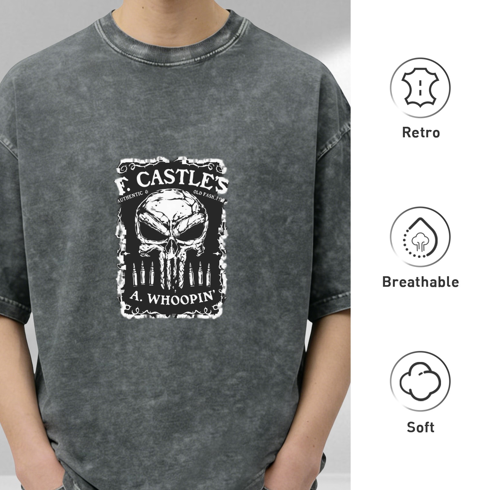F. Castle's A. Whoopin' Skull Graphic Acid Wash T-Shirt
