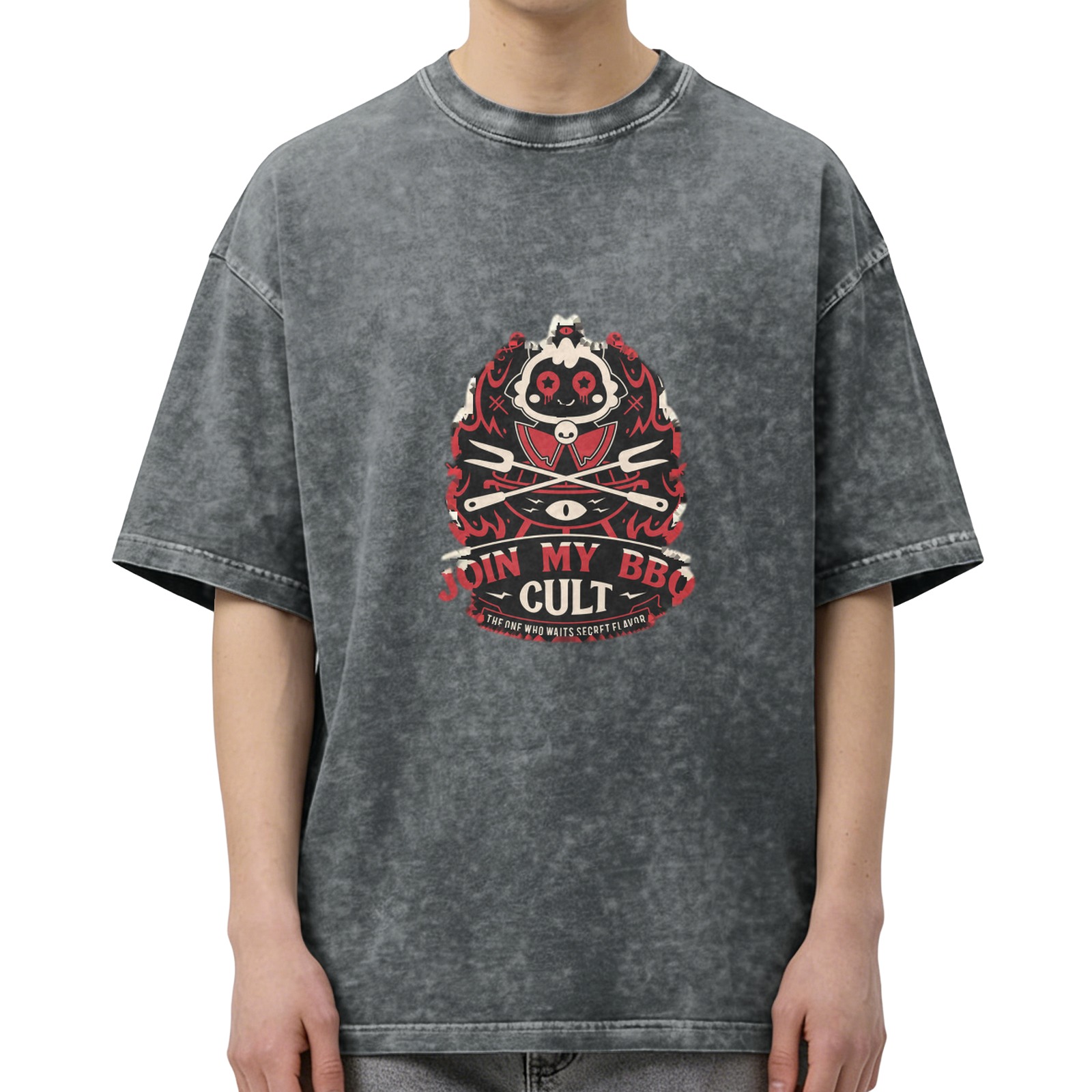 Washed Black Graphic T-Shirt Join My BBQ Cult Design