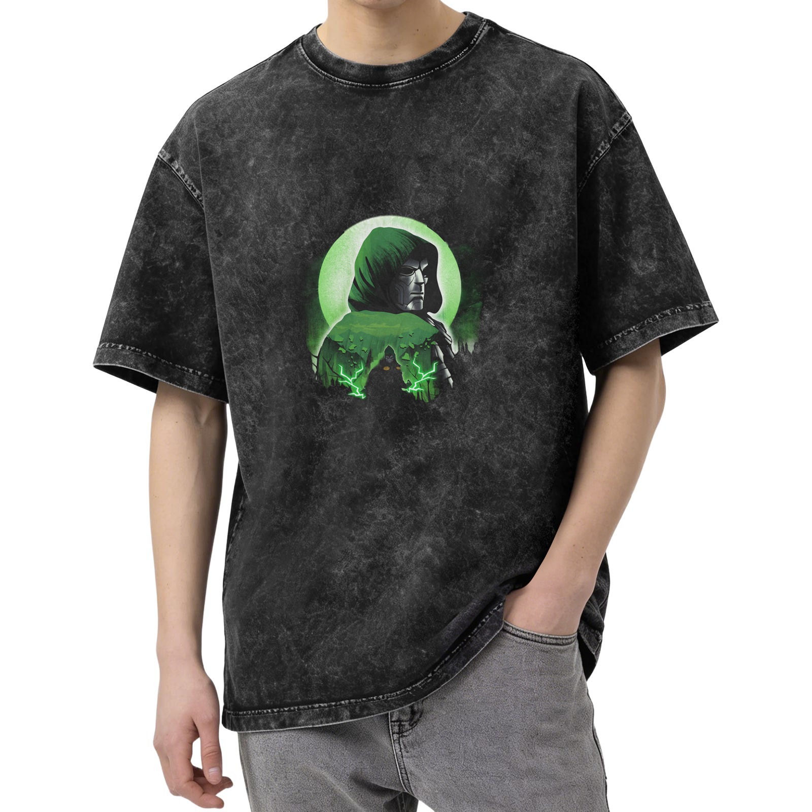 Oversized Acid Wash T-Shirt With Hooded Green Spectre Graphic