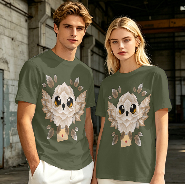 Owl with Envelope Graphic Olive Green T-Shirt