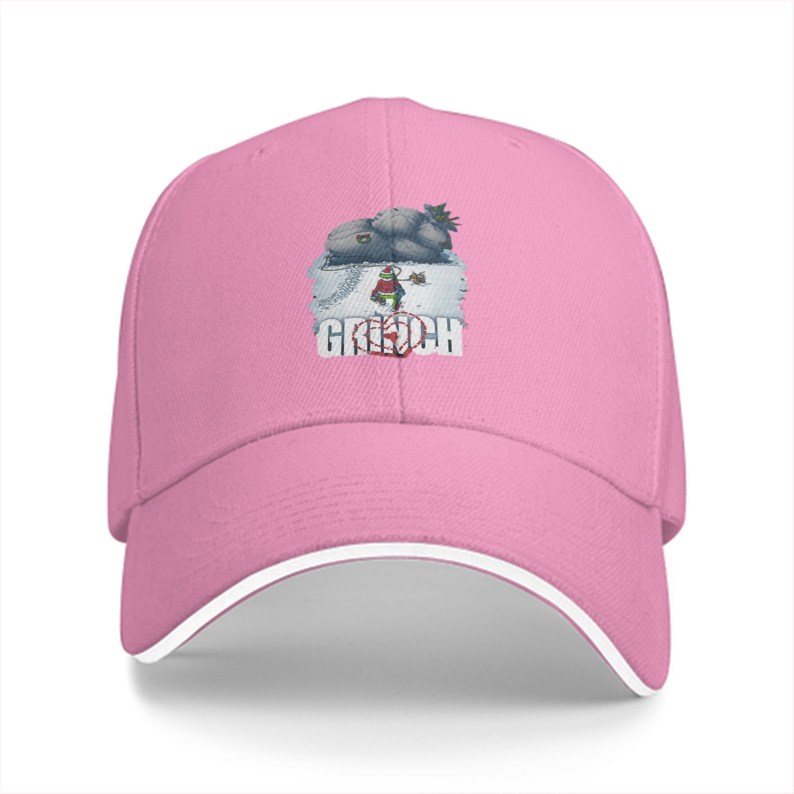 Black Baseball Cap With Grinch Winter Sleigh Graphic Design