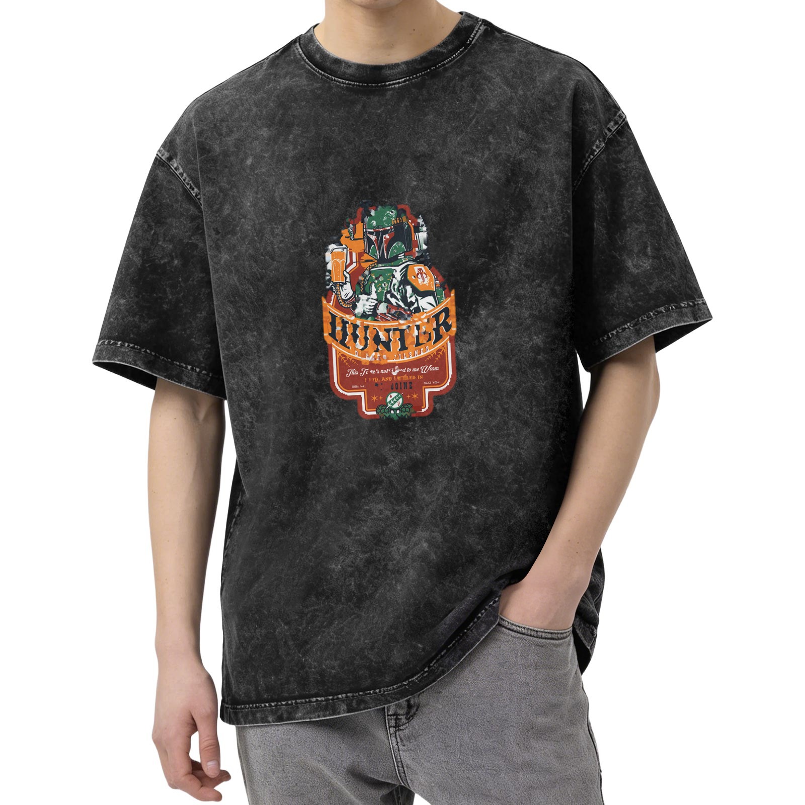 Distressed black short-sleeved T-shirt, bounty hunter themed print, loose casual crew neck top