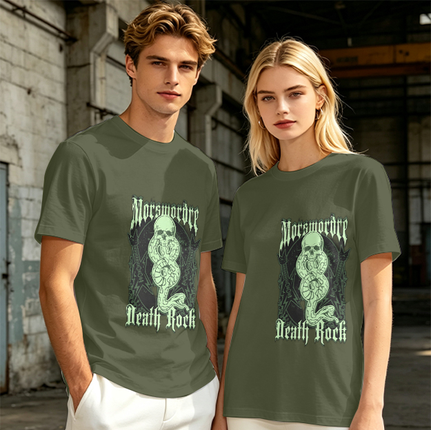 Olive graphic t-shirt with skull snake death rock design