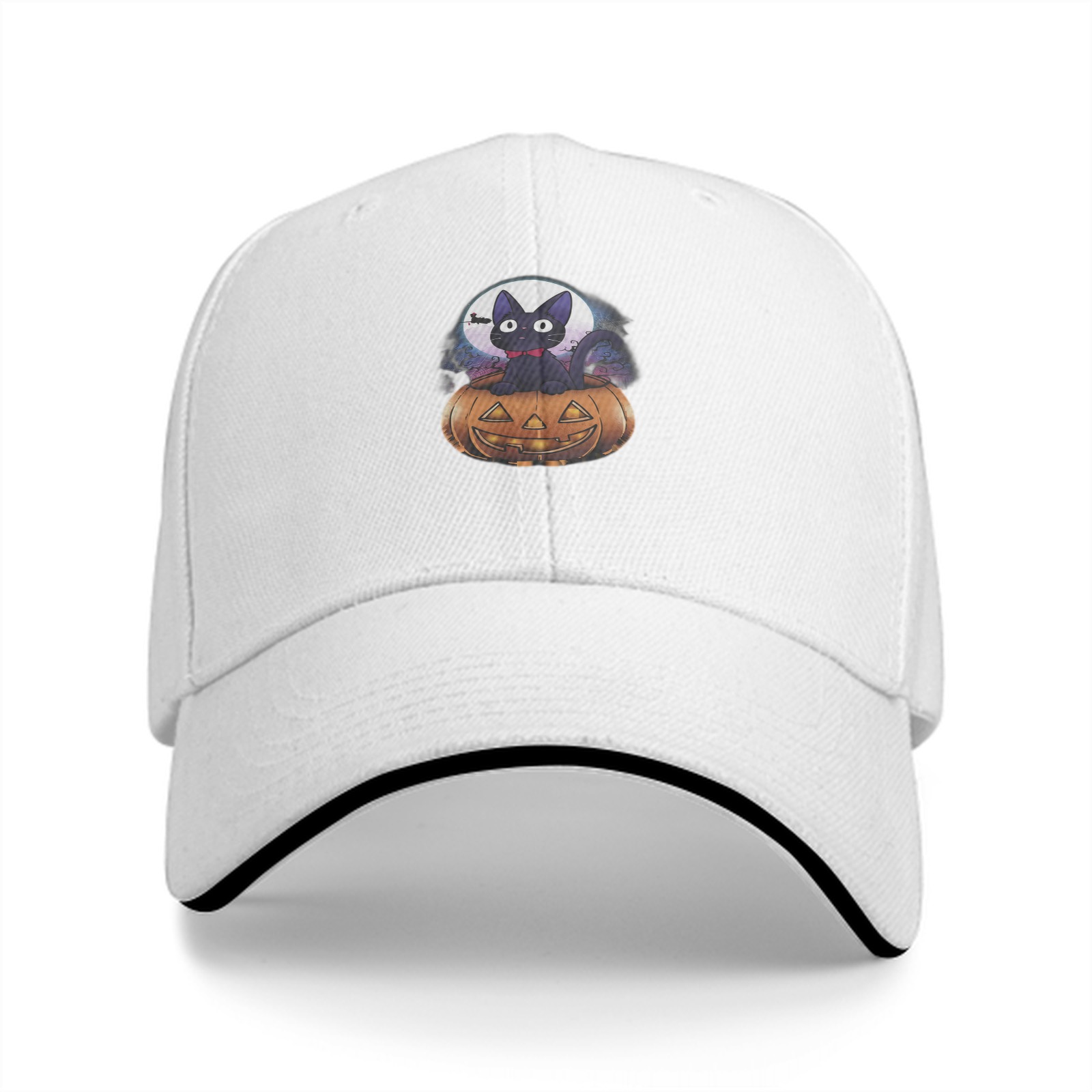 Black Baseball Cap With Halloween Black Cat Jack-o'-lantern Print