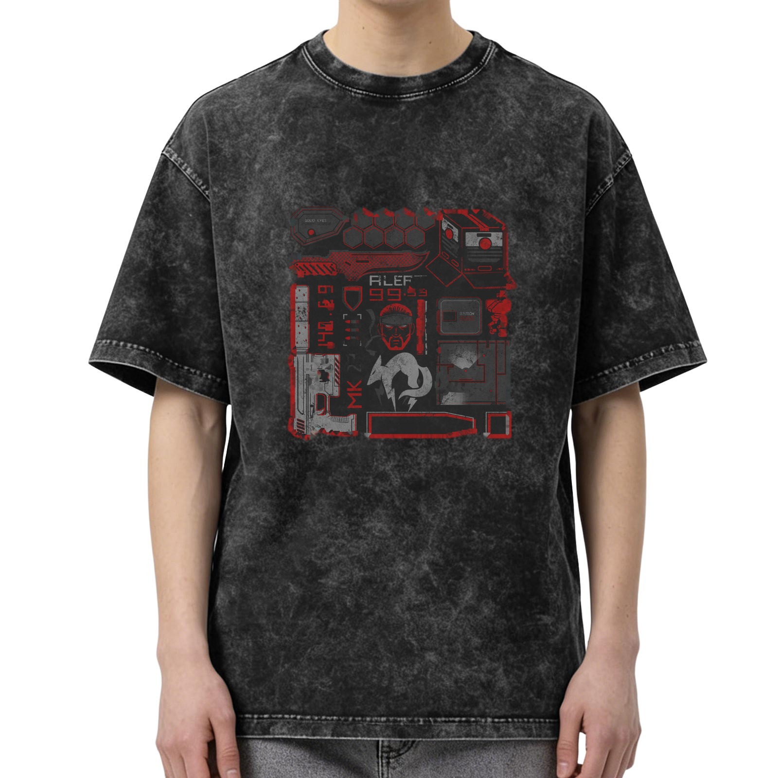 Oversized Stonewashed Black T-Shirt With Cyberpunk Tactical Graphic Print