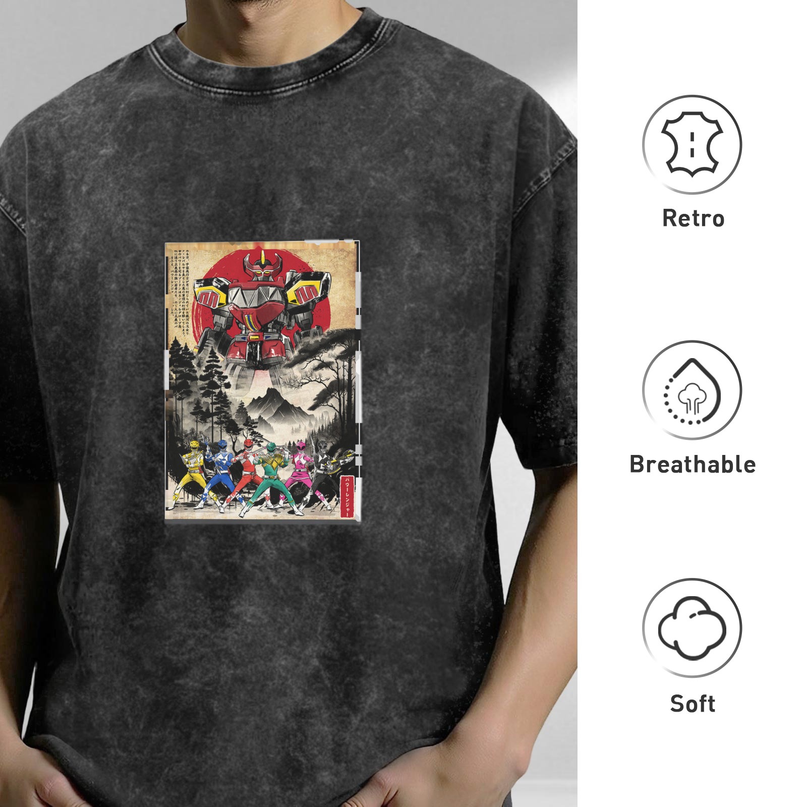 Retro washed black short-sleeved T-shirt Japanese Ukiyo-e style Super Sentai pattern Loose casual distressed top