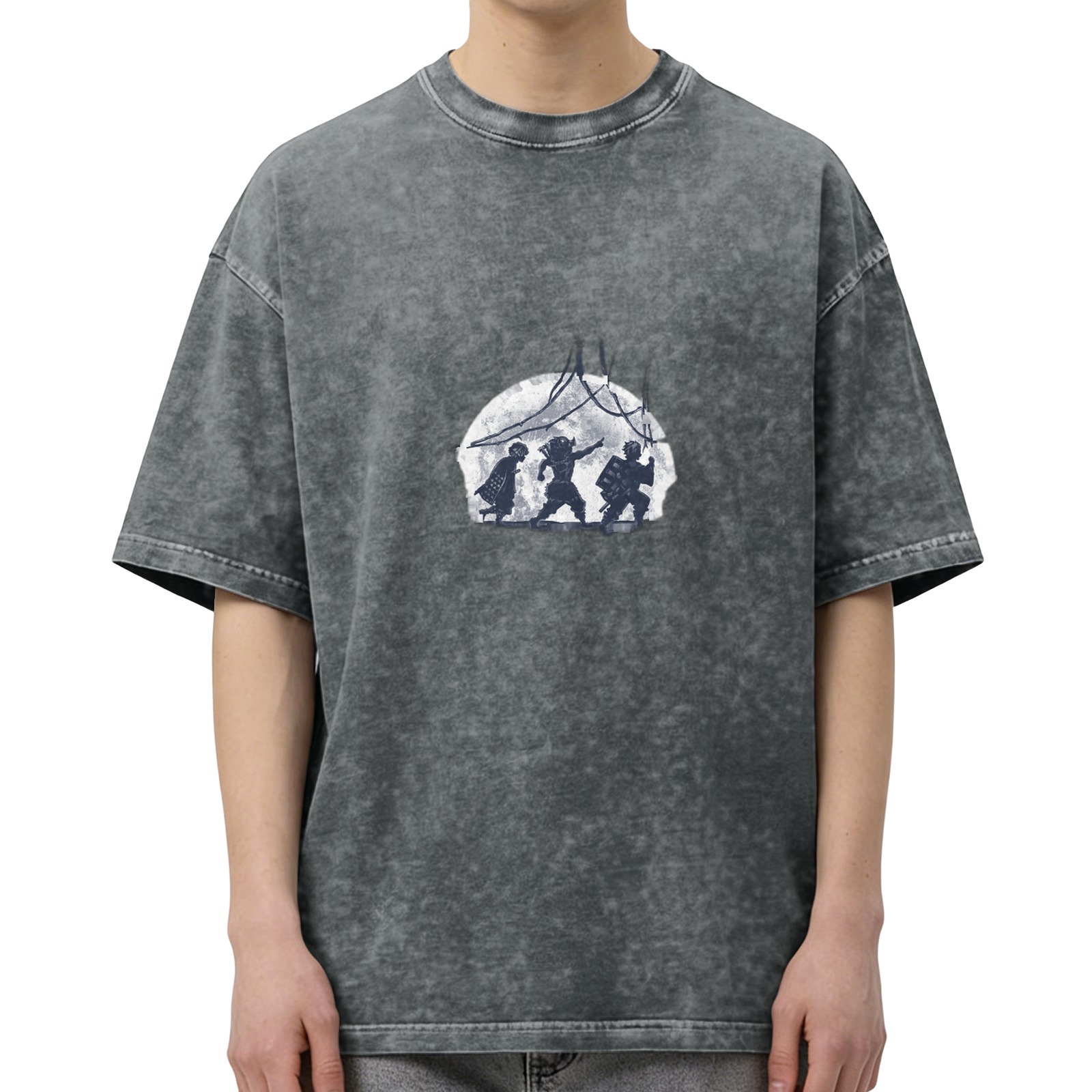 Washed Black Oversized T-Shirt With Moon Warrior Silhouette Graphic