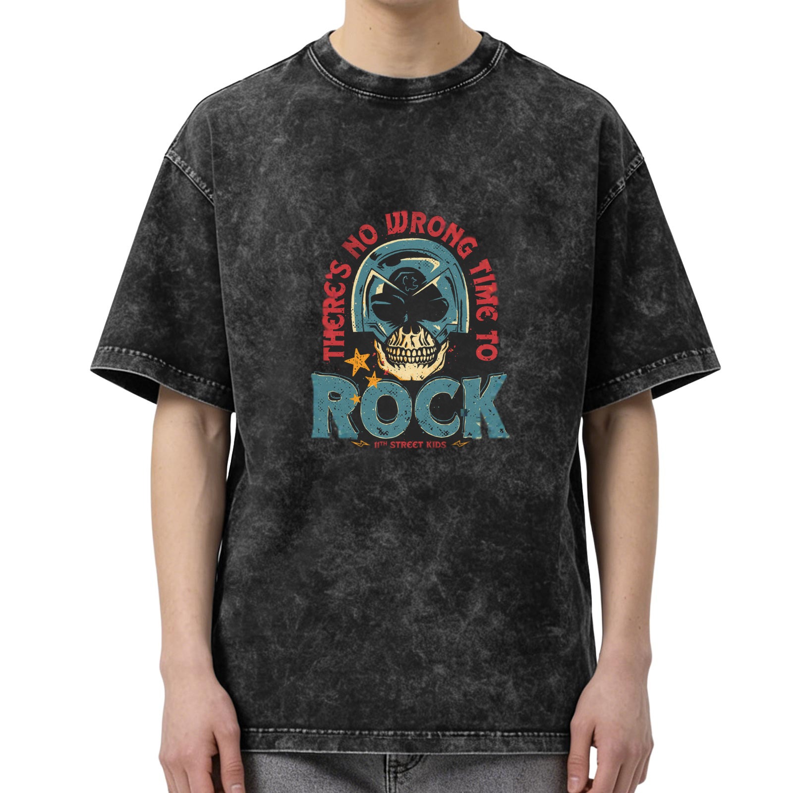 Washed Black Graphic T-Shirt with 'There's No Wrong Time To Rock' Skull Design